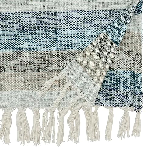 Fennco Styles Summer Striped Fringe Table Runner 16" W x 72" L - Aqua Cotton Blend Table Cover for Home Décor, Dining Table, Banquets, Family Gathering and Special Events