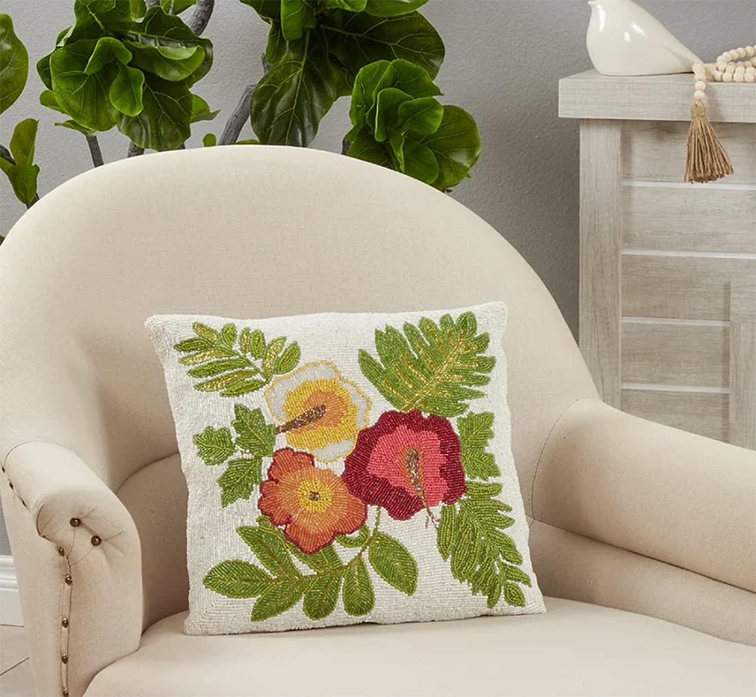 Fennco Styles Hand Beaded Garden Flowers Cotton Throw Pillow 16" W x 16" L - Multicolored Floral Cushion for Home, Couch, Living Room, Seasonal Décor, Special Occasion