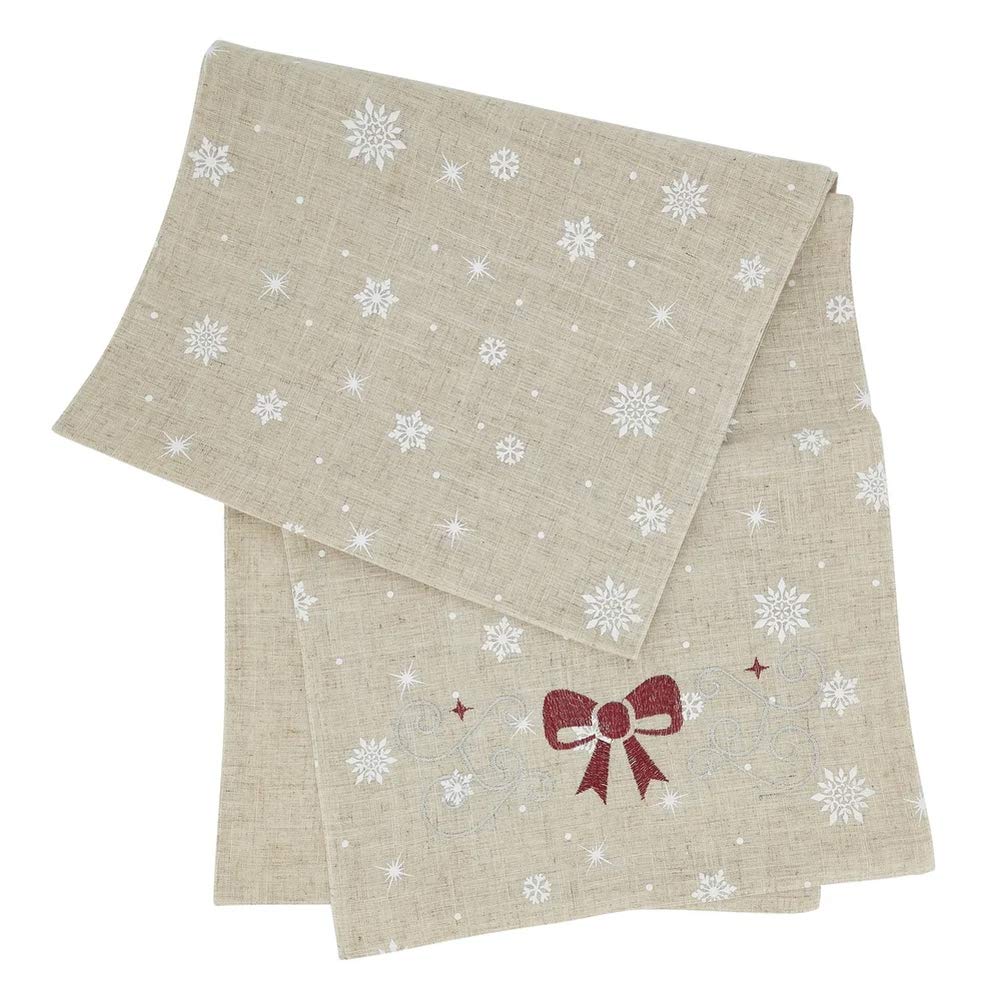 Fennco Styles Holiday Snowflake and Bow Table Runner 16" W x 70" L - Natural Festive Table Cover for Christmas, Dining Table, Family Gathering, Banquets and Special Events