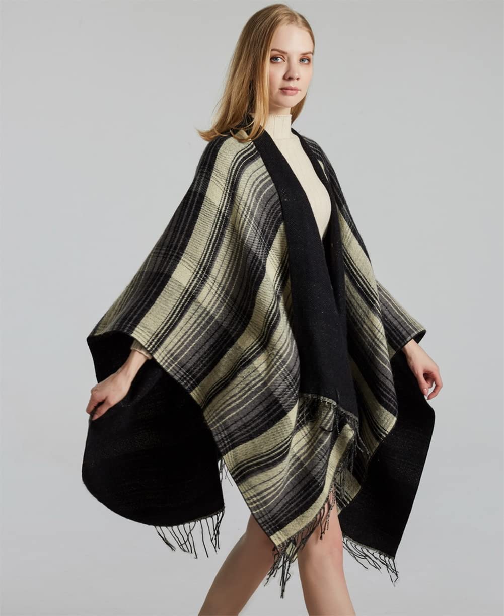 stylesilove Women Reversible Plaid Fringe Knitted Open Front Poncho Cape Oversized Cardigan Fall Winter Wrap Shawl