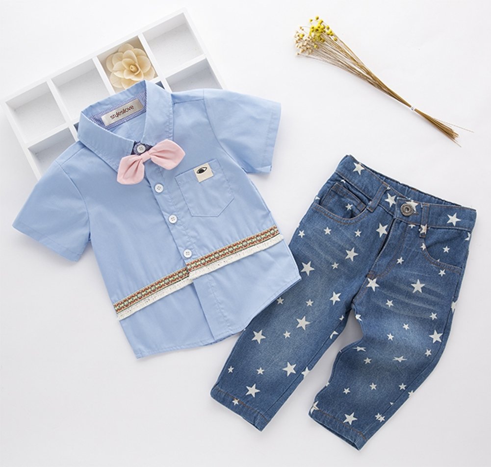 stylesilove Toddler Boys Blue Shirt with Pink Bowtie and Jeans 2 Pieces Outfit Soft Cotton Casual Clothing Set