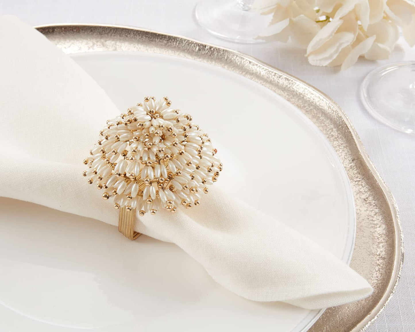 Fennco Styles Hand Beaded Flower Shaped Metal Napkin Rings, Set of 4 - Gold Floral Decorative Napkin Holders for Christmas, Home, Dining Room, Banquet, Family Gathering, Holiday and Special Occasion