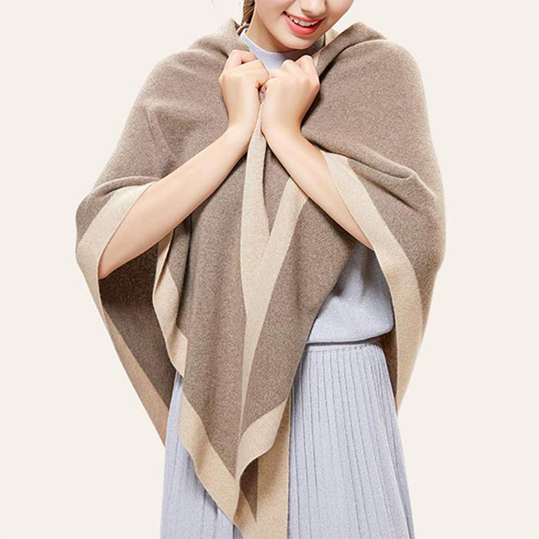 stylesilove Women Wool Blend Cashmere Knitted Solid Color Triangular Shawl with Contrast Border Lightweight Stole Wrap Scarf
