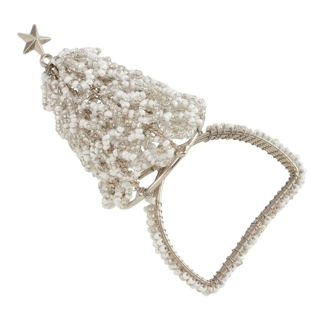 Fennco Styles Hand Beaded Christmas Tree Metal Napkin Rings, Set of 4 - Silver Decorative Napkin Holders for Home, Dining Room, Banquet, Family Gathering, Holiday and Special Occasion
