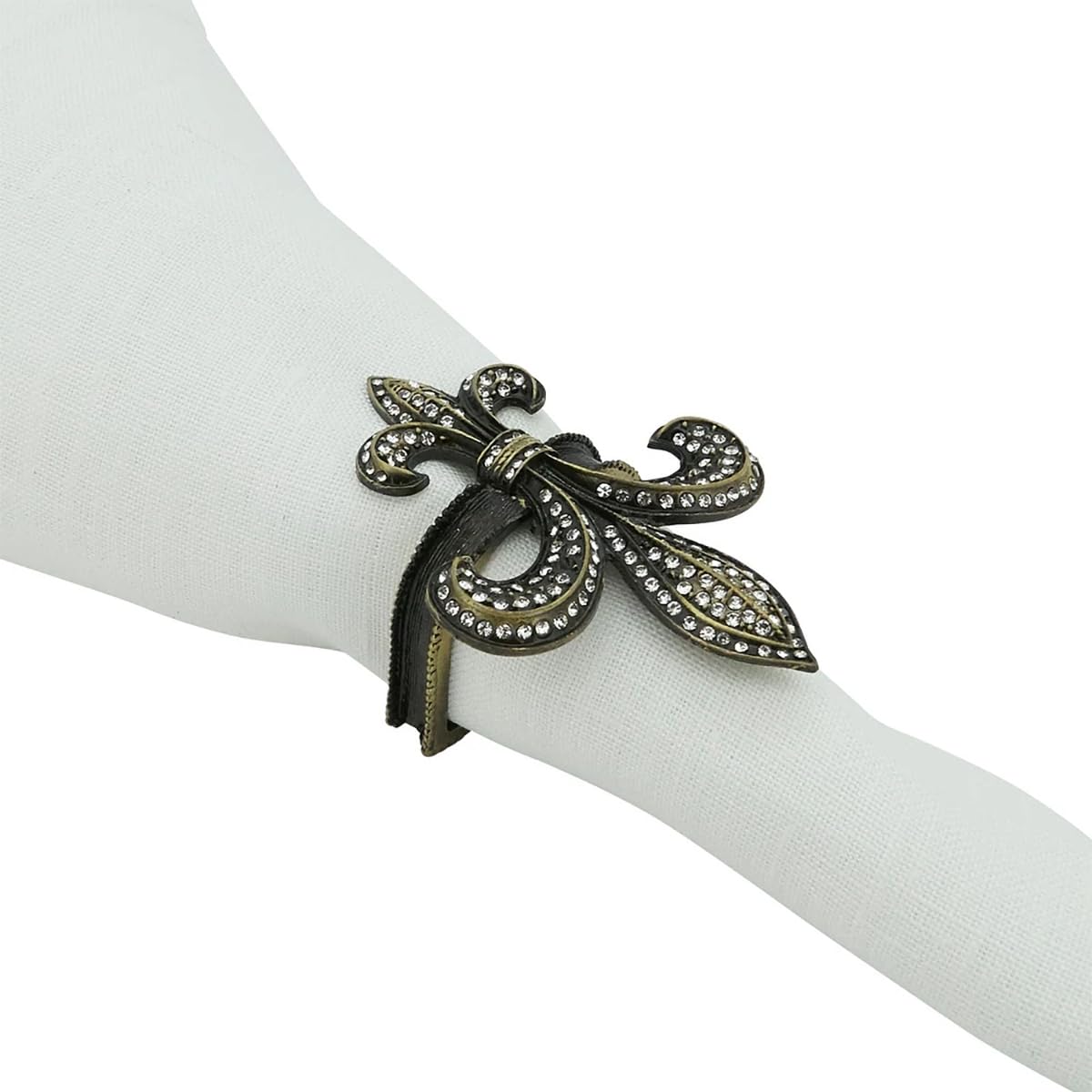Fennco Styles Bejeweled Fleur De Lis Metal Napkin Rings, Set of 4 - Black Napkin Holders for Home Decor, Dining Table, Banquets, Family Gathering and Special Occasions