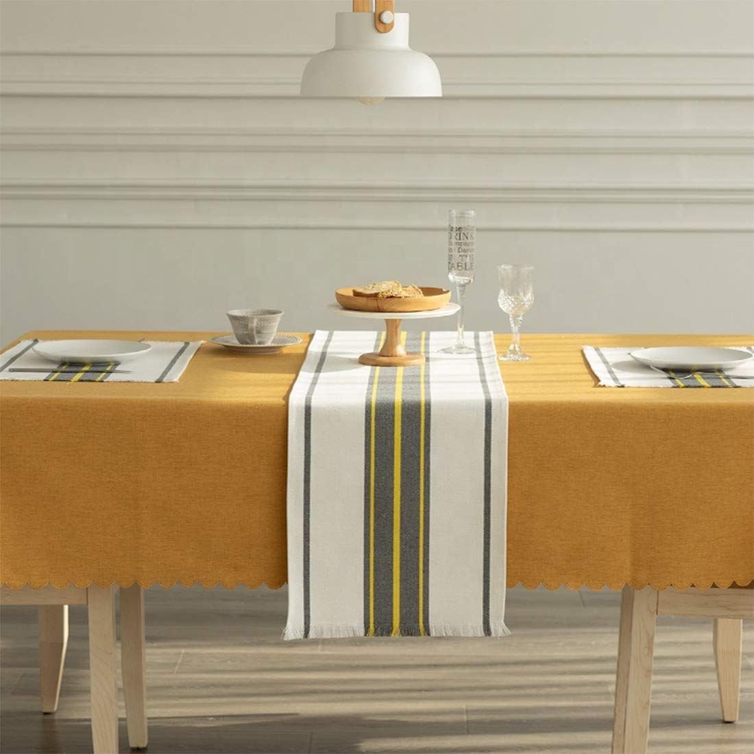 Fennco Styles Neural Stripes Fringe Canvas Cotton Table Linen