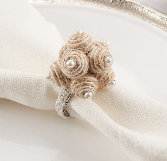Fennco Styles Hand Beaded Cotton Jute Spiral Ball Napkin Rings, Set of 4 - Natural Rustic Napkin Holders for Home, Dining Table, Banquet, Family Gathering, Holiday, Thanksgiving and Special Occasion