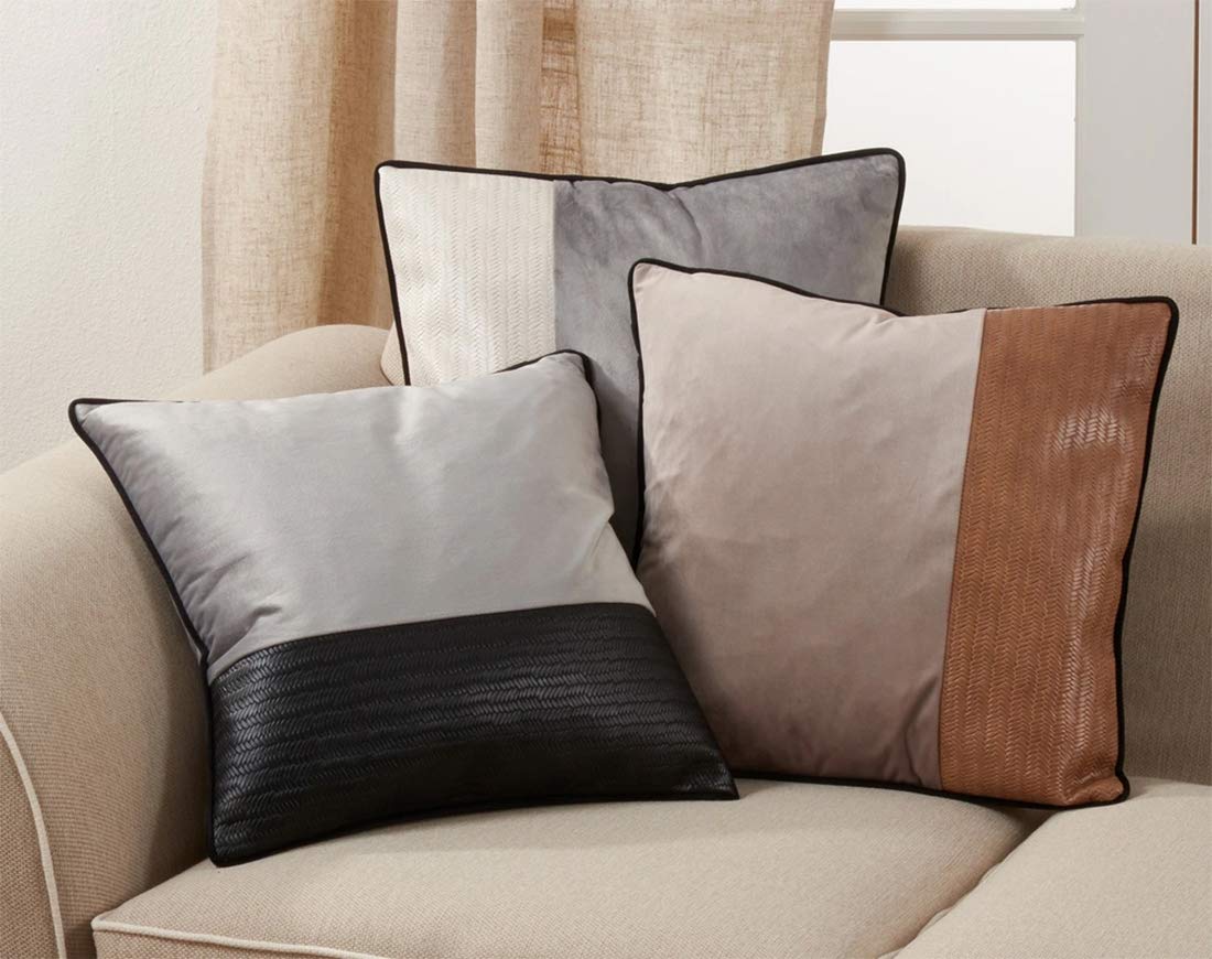 Fennco Styles Texture Color Blocked Two-Tone Velvet Decorative Throw Pillow 18 x 18 Inch - Black Accent Pillow for Home, Couch, Living Room and Office Décor