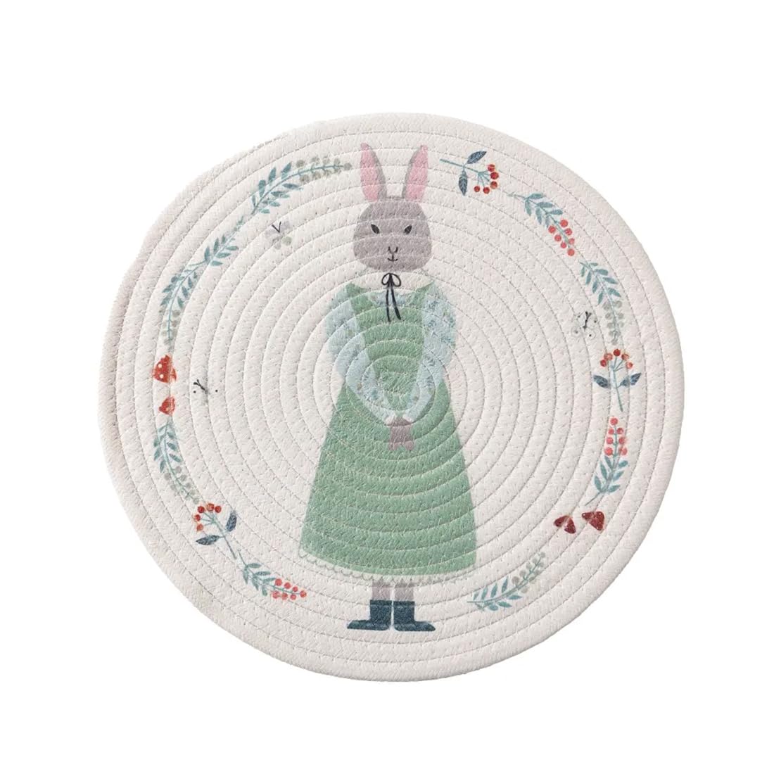 Fennco Styles Rabbit & Botanical Print Cotton Blend Woven Placemats 12" Round, Set of 4 - Cartoon Animal Design White Table Mats for Home Décor, Dining Table, Banquet, Holiday and Family Gathering