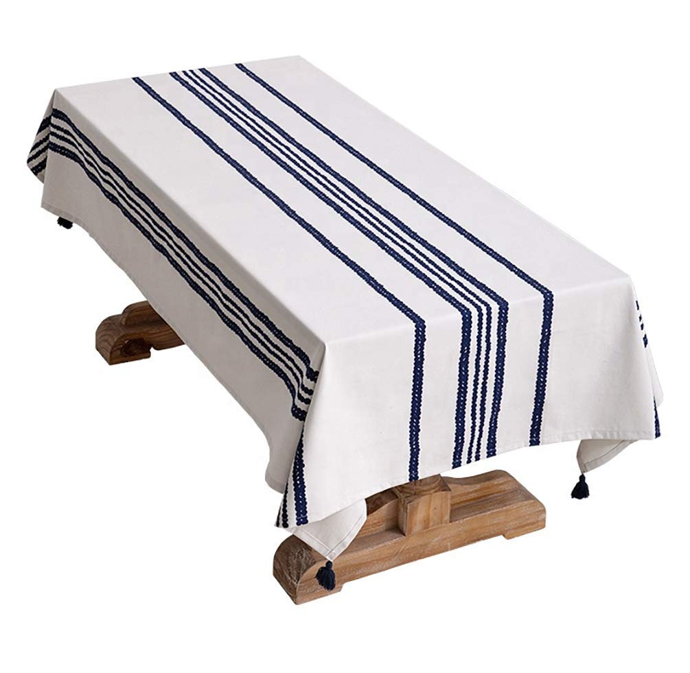 Fennco Styles Classic Chain Print 100% Cotton Tablecloth with Tassel 55" W x 55" L - Navy Blue Table Cover for Home Décor, Dining Table, Banquet, Family Gathering and Special Occasion
