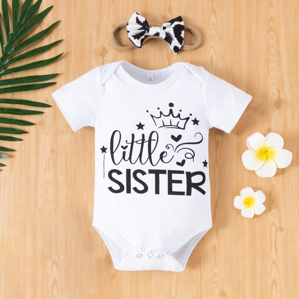 stylesilove Infant Baby Girls Little Sister Bodysuit and Dalmatian Dot Shorts, Bow Headband 3pcs Short Sleeve Cotton Outfit