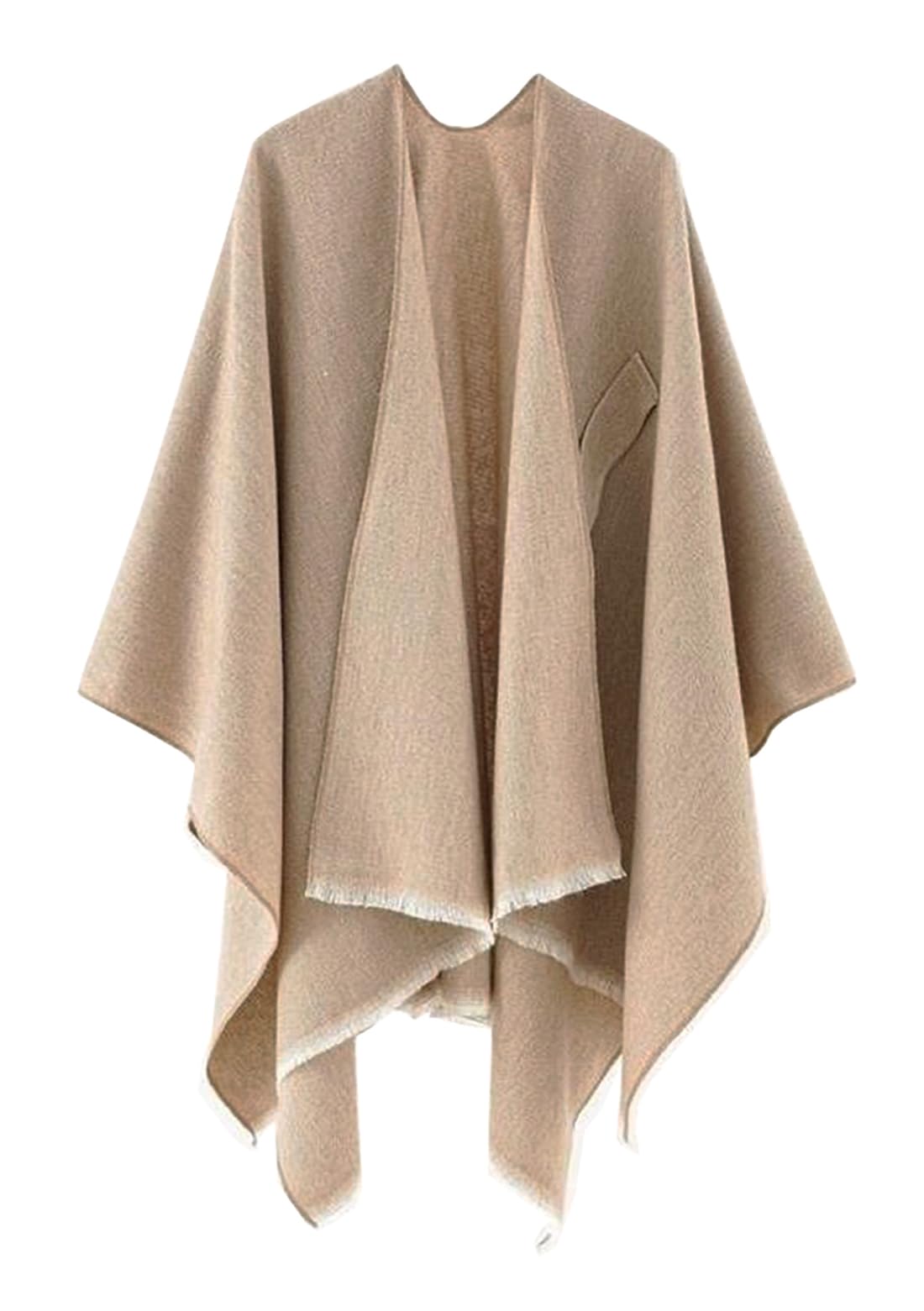 stylesilove Women Elegant Solid Color Fringe Poncho Open Front Shawl Cape Ultra Warm Wrap for Autumn Winter Season