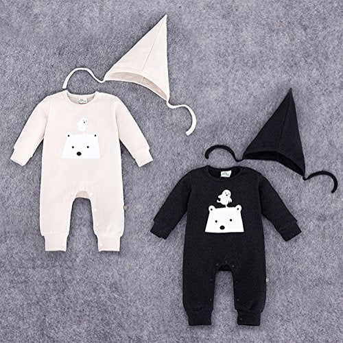 stylesilove Polar Bear Unisex Baby Boys and Girls Coverall Cotton Romper and Hat 2-piece Fall Winter Clothing Set