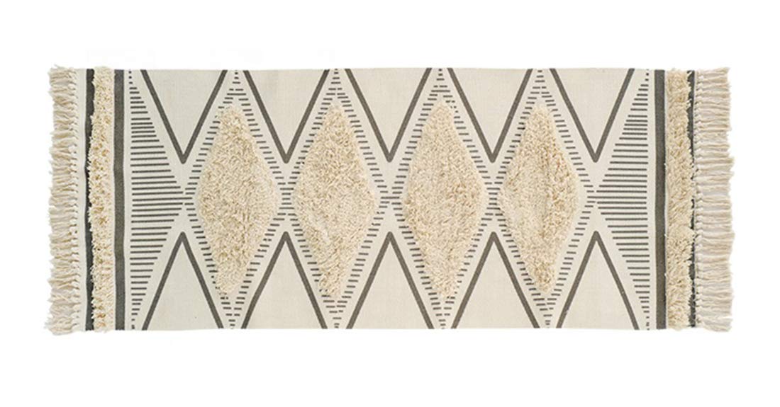 Fennco Styles Ivory Black Chevron Diamond Print Woven Tassel Area Rug - 24" W x 36" L Hand-Tufted Fringe Small Rug for Home Décor, Bedroom, Entryway Mat, Floor Décor