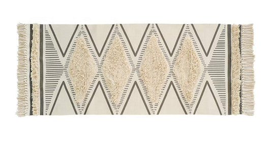 Fennco Styles Ivory Black Chevron Diamond Print Woven Tassel Area Rug - 24" W x 36" L Hand-Tufted Fringe Small Rug for Home Décor, Bedroom, Entryway Mat, Floor Décor