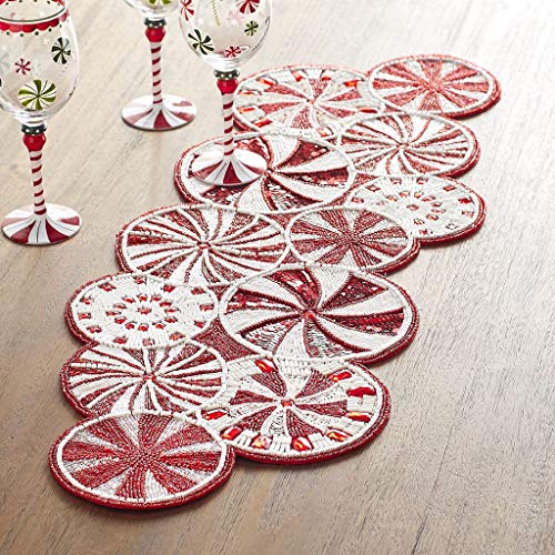 Fennco Styles Holiday Peppermint Candy Cane Hand Beaded Table Runner - Christmas Table Cover for Home Décor, Family Gathering, Banquets and Special Occasion