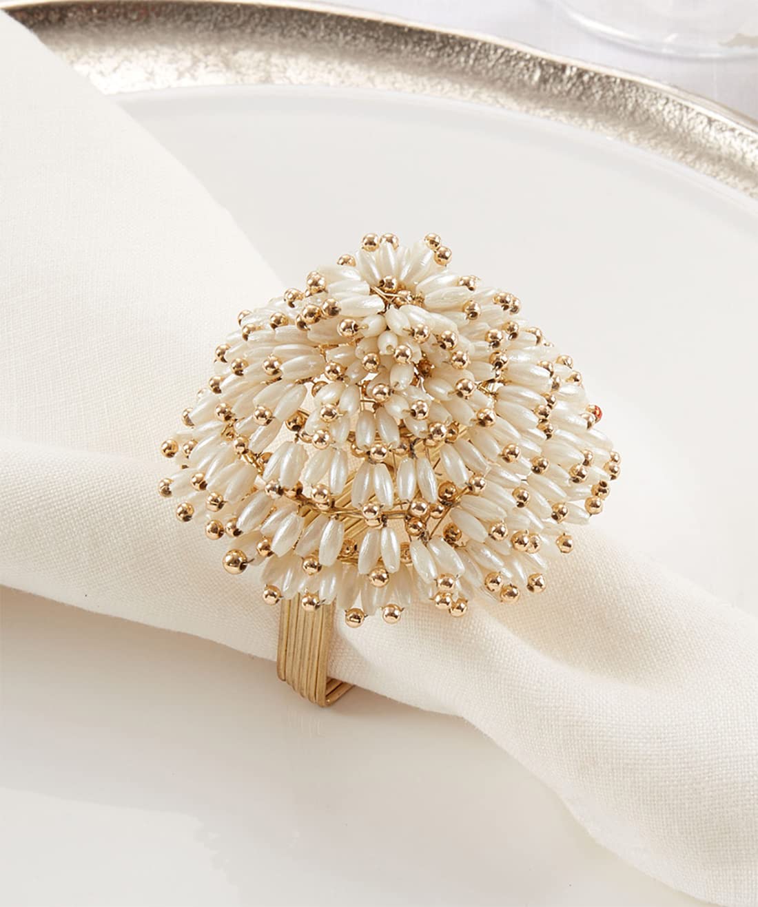 Fennco Styles Hand Beaded Flower Shaped Metal Napkin Rings, Set of 4 - Gold Floral Decorative Napkin Holders for Christmas, Home, Dining Room, Banquet, Family Gathering, Holiday and Special Occasion