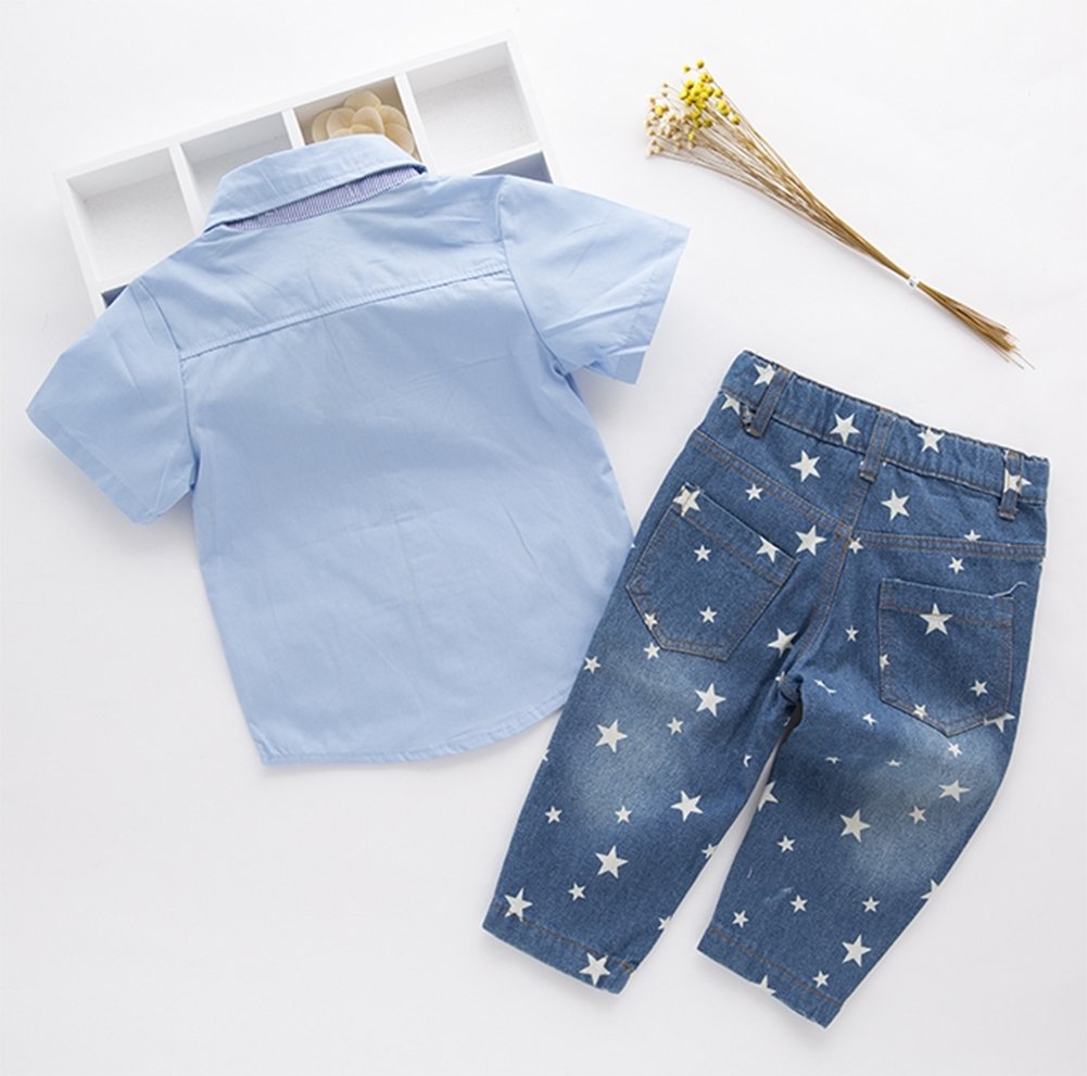 stylesilove Toddler Boys Blue Shirt with Pink Bowtie and Jeans 2 Pieces Outfit Soft Cotton Casual Clothing Set