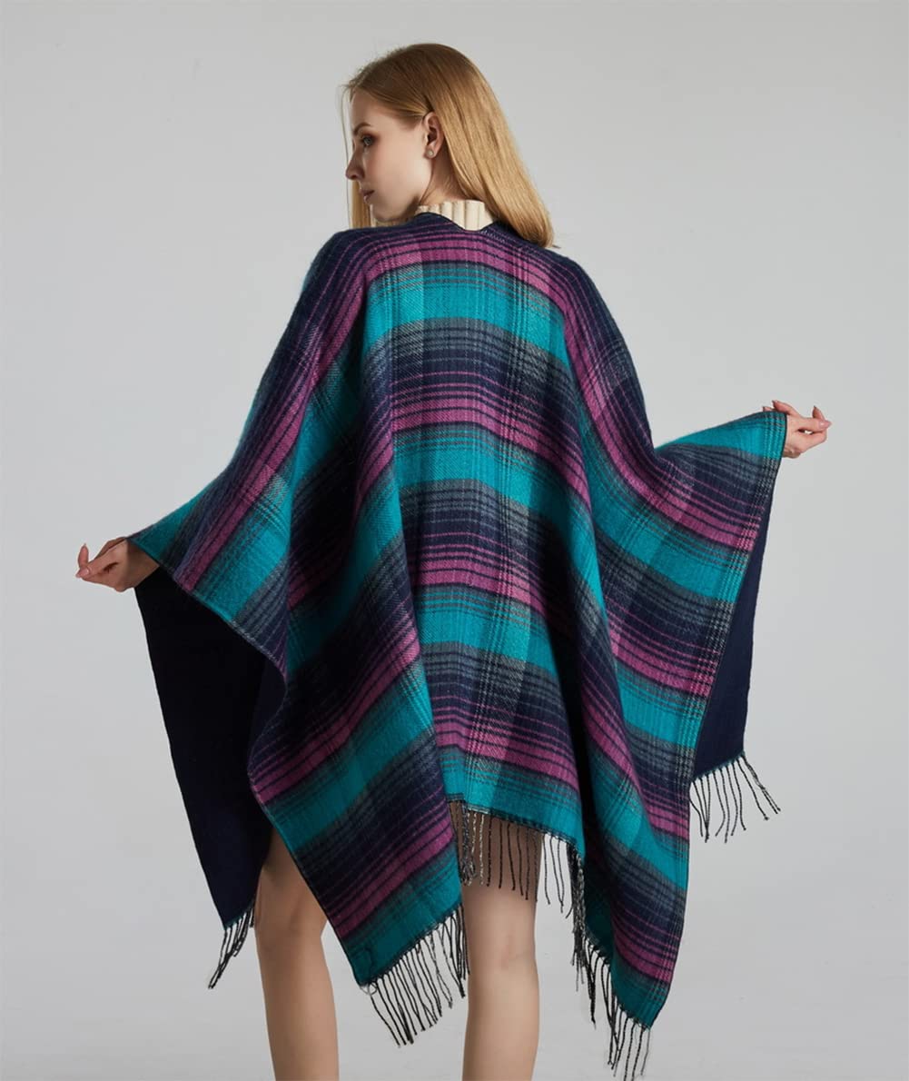 stylesilove Women Reversible Plaid Fringe Knitted Open Front Poncho Cape Oversized Cardigan Fall Winter Wrap Shawl