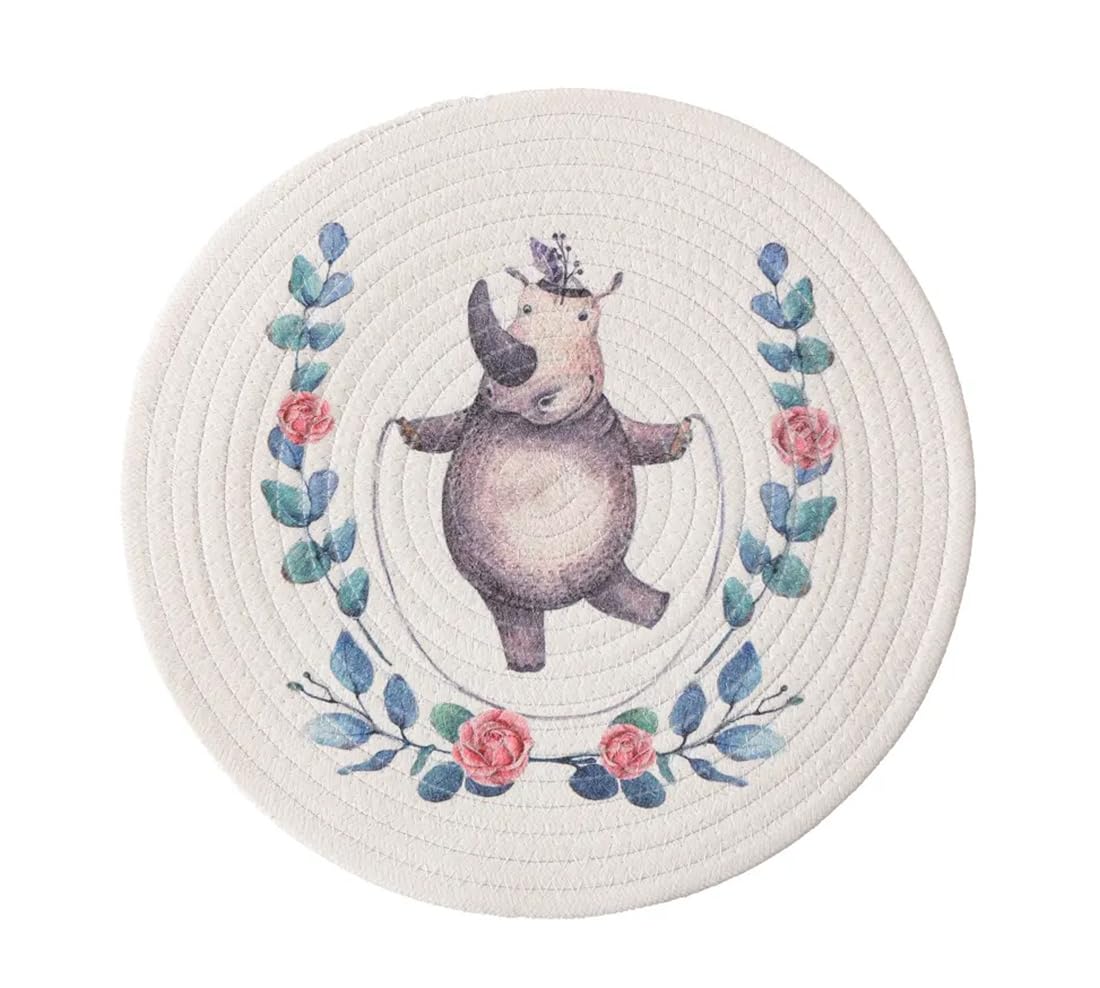 Fennco Styles Rabbit & Botanical Print Cotton Blend Woven Placemats 12" Round, Set of 4 - Cartoon Animal Design White Table Mats for Home Décor, Dining Table, Banquet, Holiday and Family Gathering