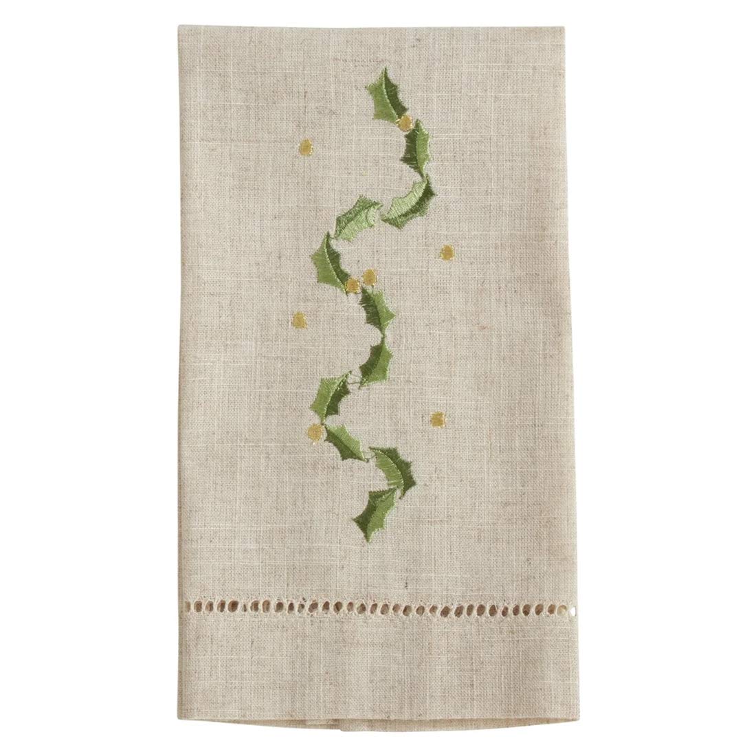 Fennco Styles Embroidered and Hemstitched Design Holly Leaf Linen-Poly Guest Towels 14 x 22 Inch, Set of 4 – Natural Modern Hand Towels for Christmas, Bathroom Decor, Bar Accessories, Wedding Gift