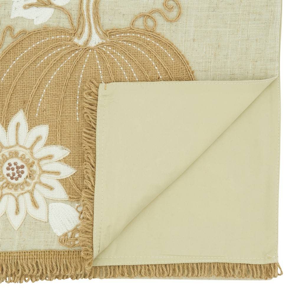 Fennco Styles Embroidered Thankful Pumpkin Linen Blend Table Runner 16" W X 70" L - Natural Holiday Table Cover for Home Décor, Thanksgiving, Banquets, Family Gatherings and Special Occasions