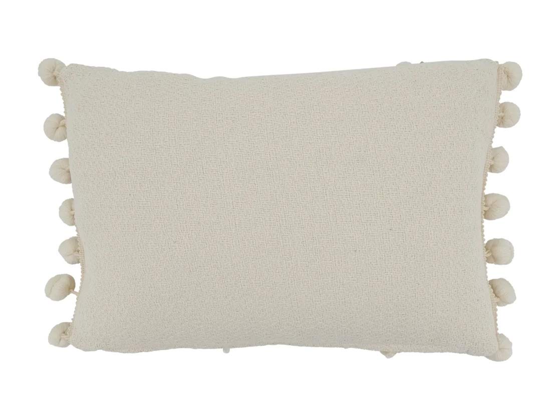 Fennco Styles Delicate Cord Pom Pom Applique Cotton Decorative Throw Pillow Cover & Insert 12 x 18 Inch - Ivory Accent Cushion for Home, Couch, Living Room and Everyday Décor