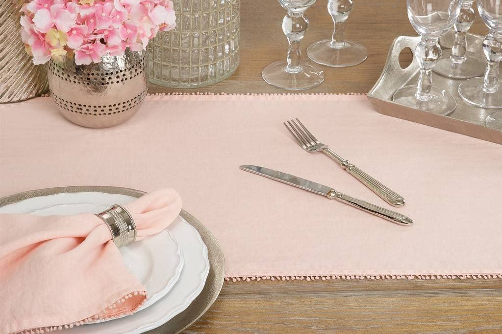 Fennco Styles Pomponin Collection Pom Pom Design 100% Linen Table Runner