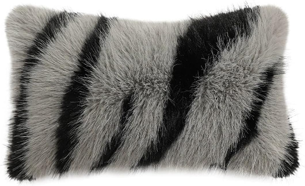 Fennco Styles Zebra Stripe Faux Fur Animal Design Decorative Filled Throw Pillow 18" W x 18" L – Grey Plush Cushion for Couch, Bedroom, Living Room and Office Décor