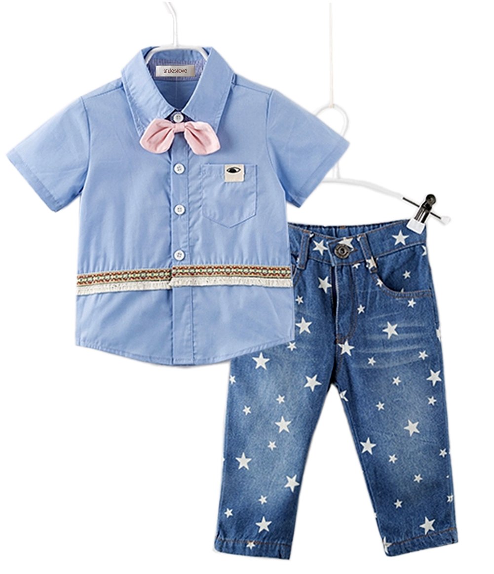 stylesilove Toddler Boys Blue Shirt with Pink Bowtie and Jeans 2 Pieces Outfit Soft Cotton Casual Clothing Set
