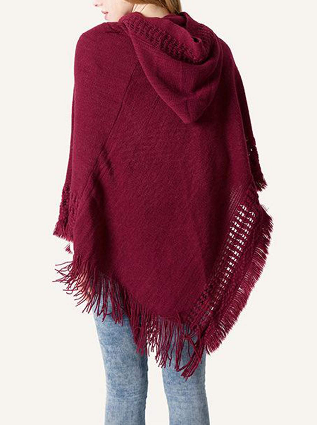 stylesilove Women Solid Knitted Hooded Poncho Crochet Pattern with Fringe Pullover Cardigan Soft Wrap for Fall Winter Seasons