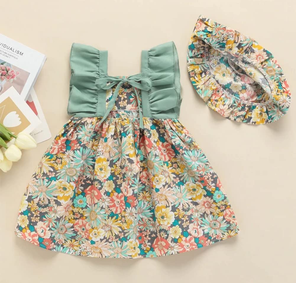 stylesilove Baby Toddler Girls Multi Floral Printed Sleeveless Ruffle Cotton Dress & Hat 2pcs Spring Summer Green Sundress