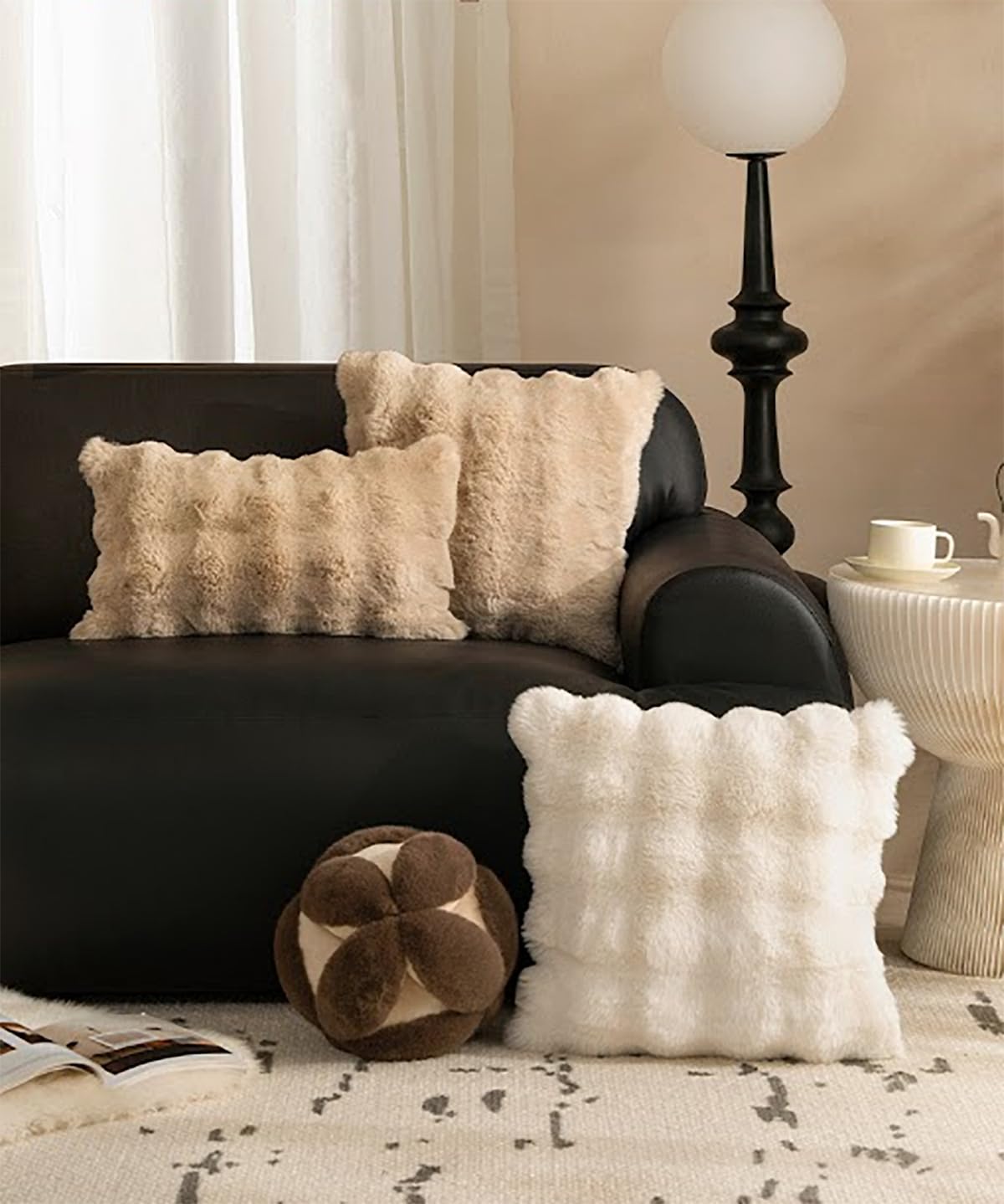Fennco Styles Luxury Faux Fur Decorative Filled Throw Pillow 18" W x 18" L – Ivory Plush Fluffy Cushion for Couch, Bedroom, Living Room and Office Décor