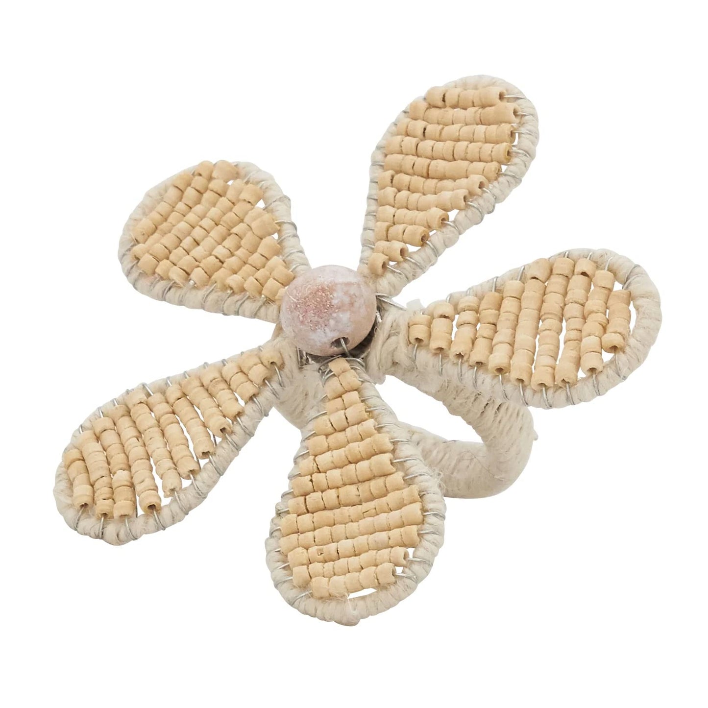 Fennco Styles Hand Beaded Flower Decorative Napkin Rings, Set of 4 - Natural Wooden Beads Napkin Holders for Home, Dining Room, Banquet, Family Gathering, Holiday Décor and Special Occasion