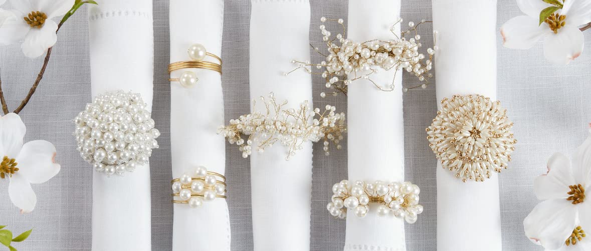 Fennco Styles Hand Beaded Faux Pearl Napkin Rings, Set of 4 - Elegant Pearl Collection Napkin Holders for Home Décor, Dining Room, Wedding, Banquets and Special Occasions