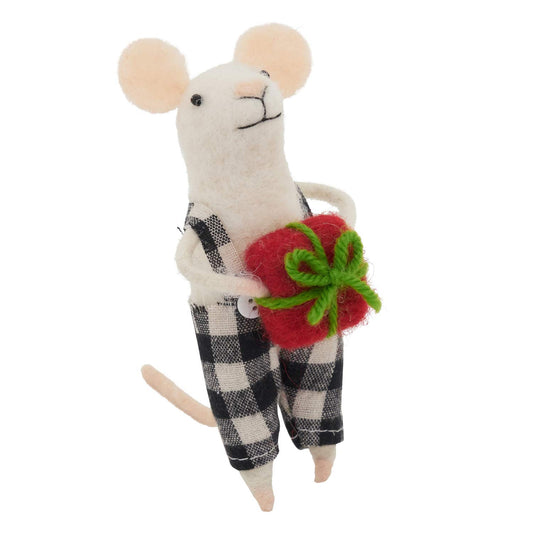 Fennco Styles Handmade Wool Blend Creative Christmas Ornament - Buffalo Plaid Mouse with Gift Box Design for Christmas Tree Décor, Holiday, Home, Tabletop and Kids Room Decorations