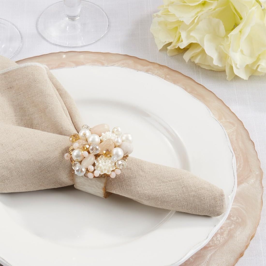 Fennco Styles Beaded Radiance Resin Napkin Rings, Set of 4 - Ivory Elegant Napkin Holders for Home, Dining Table, Banquets Décor, Weddings and Special Occasions