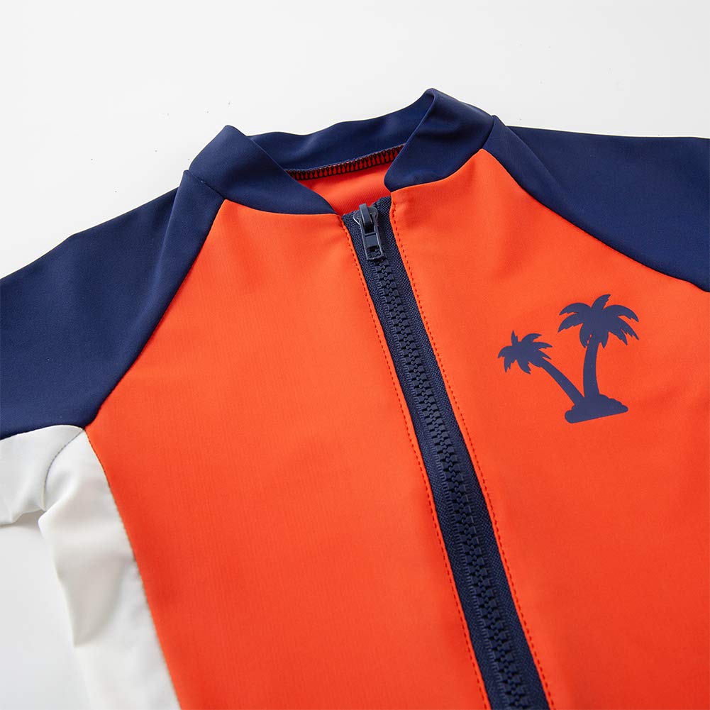 Styles I Love Kid Boys Palm Tree Orange Long Sleeve One-Piece Zipper Rash Guard Swimsuit with Swim Hat 2pcs Beach Swimwear