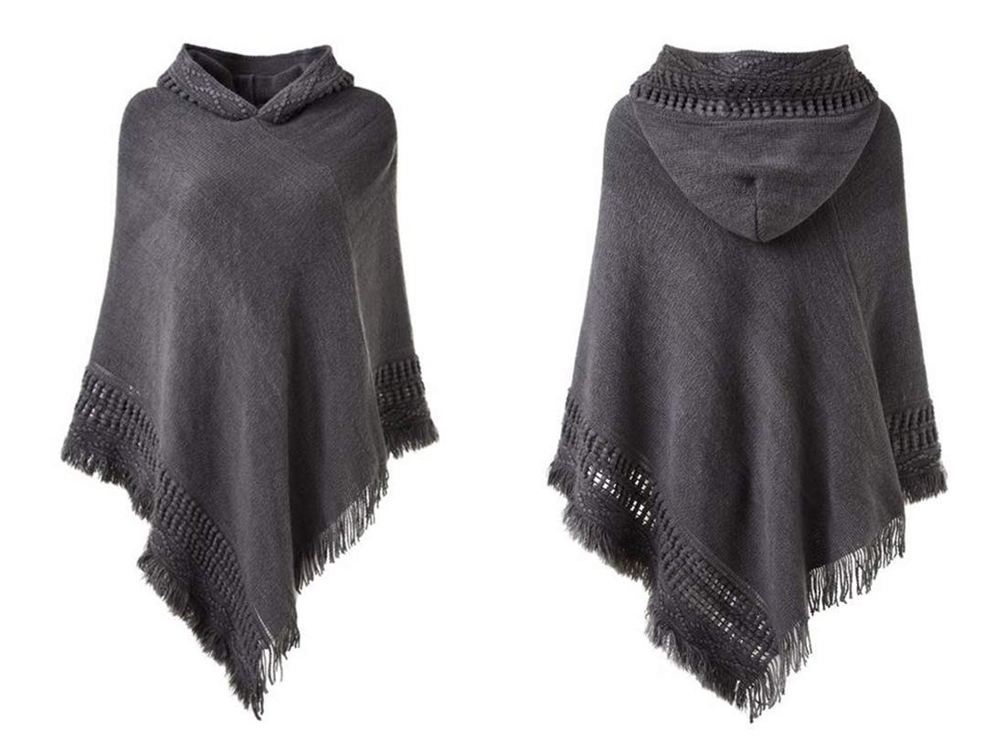 stylesilove Women Solid Knitted Hooded Poncho Crochet Pattern with Fringe Pullover Cardigan Soft Wrap for Fall Winter Seasons