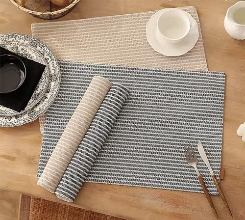 Fennco Styles Striped Two-Side Use Reversible Placemats 13" W X 19" L, Set of 4 - Ivory Woven Table Mats for Home, Dining Table, Banquets, Holidays and Special Occasions