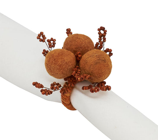 Fennco Styles Hand Beaded Cotton Pom Pom Napkin Rings, Set of 4 - Rust Decorative Festive Napkin Holders for Home, Dining Table, Banquet, Family Gathering, Holiday, Thanksgiving and Special Occasion