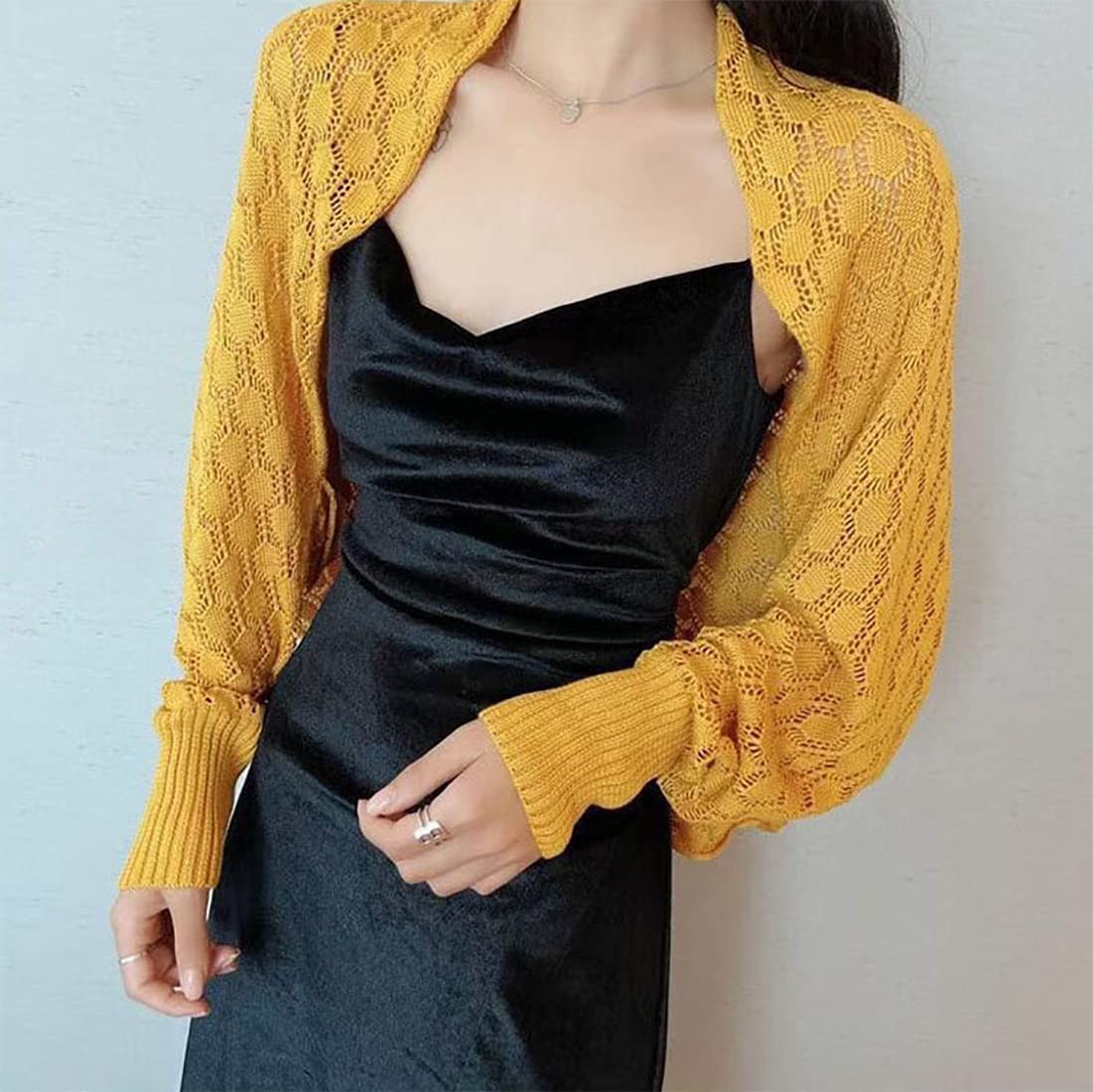 stylesilove Women Lightweight Crochet Hollow Bolero Shrug Long Sleeve Cardigan Soft Sweater Open Front Cape Shawl