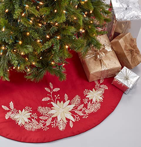 Fennco Styles Gold Embroidered Holly Christmas Tree Skirt 54 Inch Round - Red Festive Tree Skirt for Home, Holiday Decoration and Special Occasion