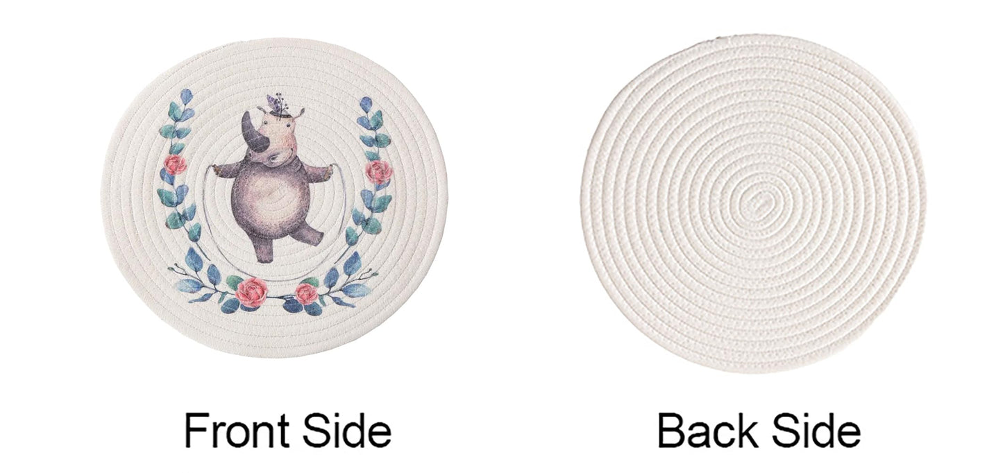 Fennco Styles Rabbit & Botanical Print Cotton Blend Woven Placemats 12" Round, Set of 4 - Cartoon Animal Design White Table Mats for Home Décor, Dining Table, Banquet, Holiday and Family Gathering