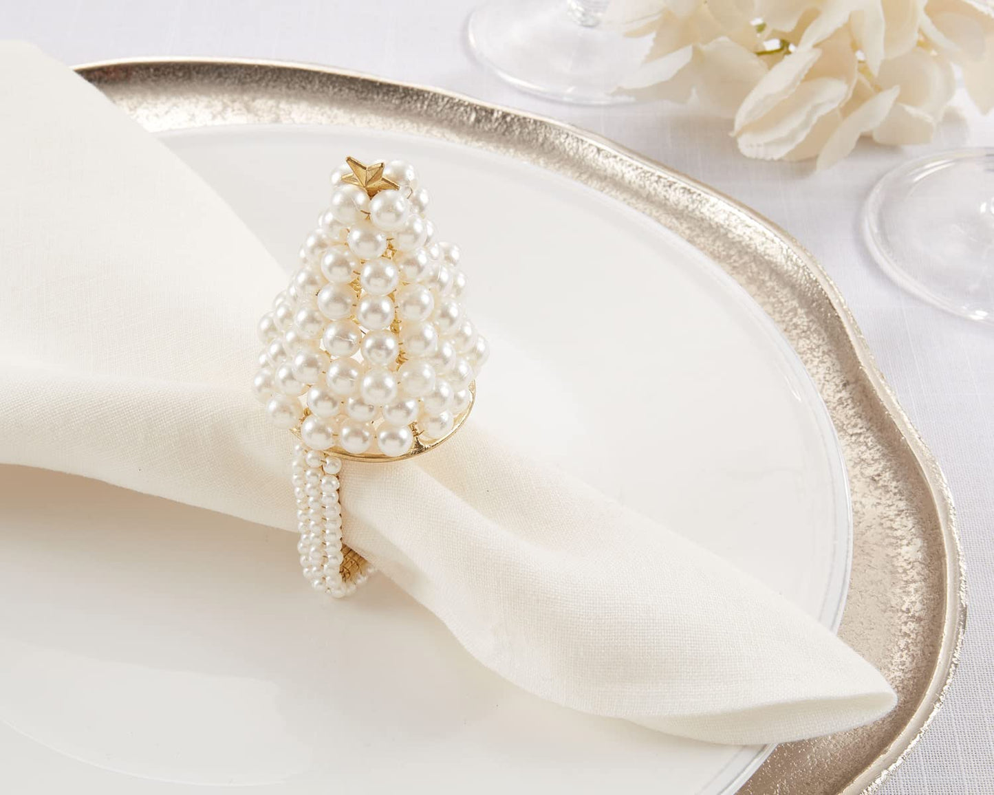 Fennco Styles Hand Beaded Faux Pearl Napkin Rings, Set of 4 - Elegant Pearl Collection Napkin Holders for Home Décor, Dining Room, Wedding, Banquets and Special Occasions