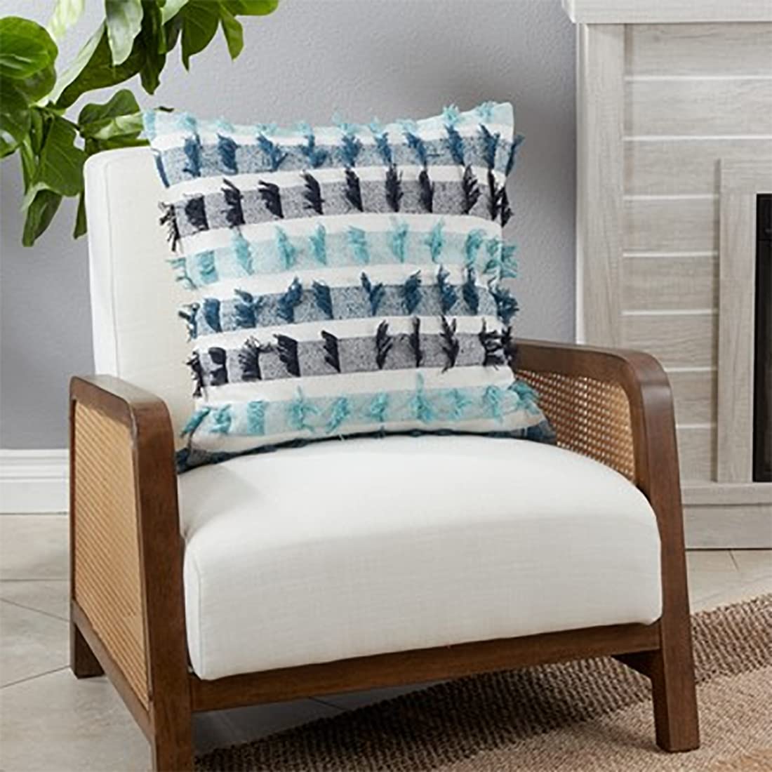 Fennco Styles Boho Striped Fringe Cotton Decorative Throw Pillow 20" W X 20" L – Blue Textured Cushion for Couch, Sofa, Bedroom, Office and Living Room Décor