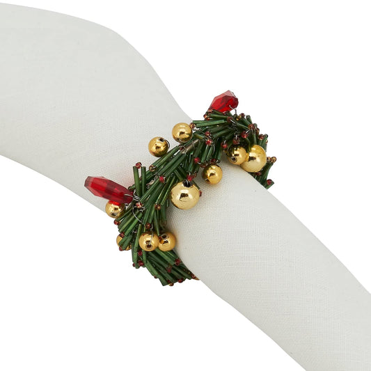 Fennco Styles Hand Beaded Christmas Wreath Decorative Napkin Rings, Set of 4 - Green Glass Beads Napkin Holders for Home, Dining Room, Banquet, Family Gathering, Holiday Décor and Special Occasion