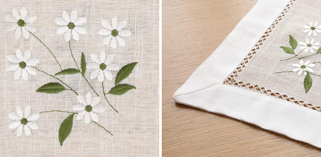 Fennco Styles Farmhouse Embroidered Daisy Hemstitched Tablecloth - Natural 55 x 55 Inch Table Cover for Banquets, Holiday, Special Events and Home Décor