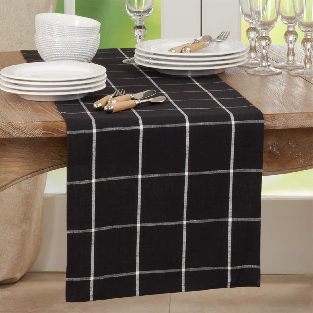 Fennco Styles Classic Large Plaid Cotton Table Runner 16" W x 72" L - Black Table Cover for Christmas, Holiday, Dining Table, Banquets and Special Occasion