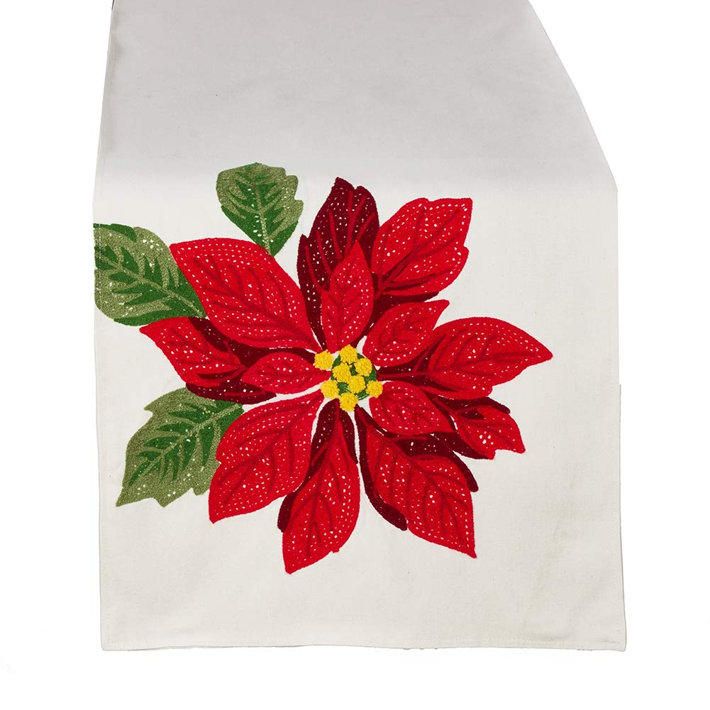 Fennco Styles Classic Holiday Embroidered Poinsettia Table Runner, 16"X72" Rectangular